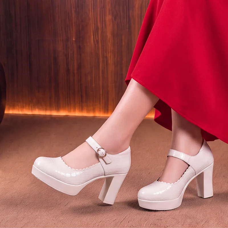 6cm 8cm 10cm Big Size 41 42 Comfortable Shallow Platform Pumps Mary Janes Spring 2026 Block High Heel Shoes Leather for Office