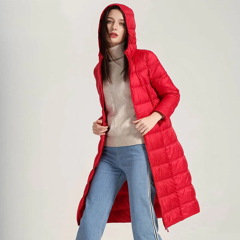 

Ультралегкая женская длинная куртка из белого утиного пуха с капюшоном, повседневная, приталенная, осенне-зимняя, новая коллекция 2026, высококачественная, модная