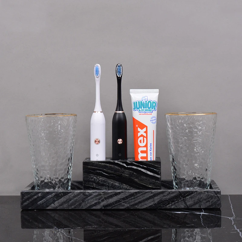 

Wholesale Customized Natural Marble Bathroom Set Electric Toothbrush Holder Glass Cup Tumbler Tray Bathroom Accessories Sets