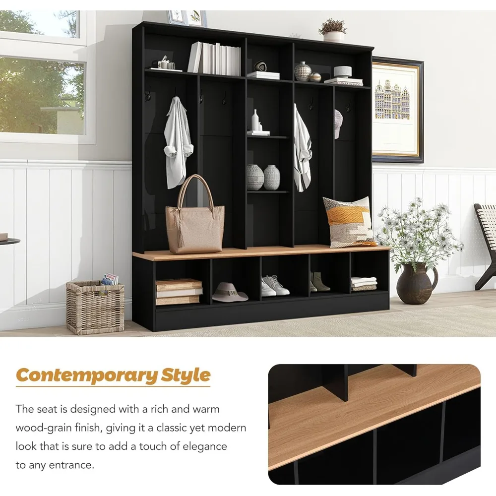 مقعد تخزين شجرة القاعة الواسعة متعدد الوظائف مع خزانة أحذية وأرفف مكعبة للمدخل البسيط الحديث