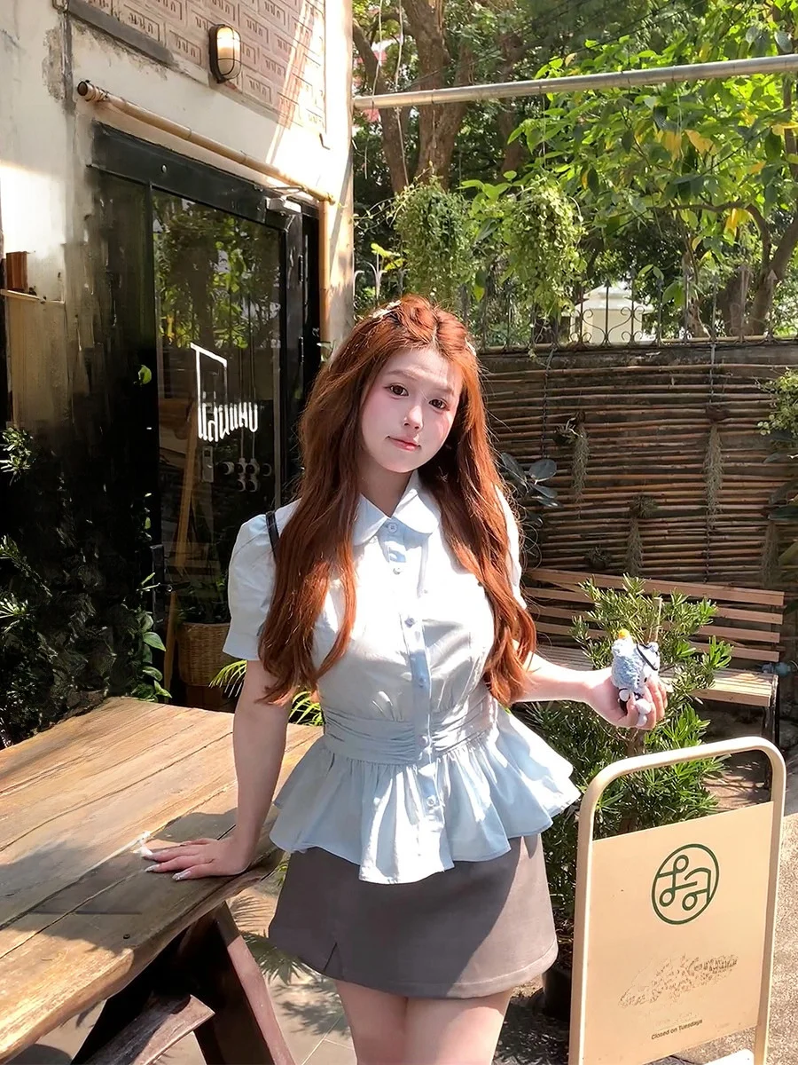 

Женская хлопковая рубашка Sweet Salted больших размеров с коротким рукавом, воротником «Питер Пэн» и приталенным силуэтом, удобная повседневная модель