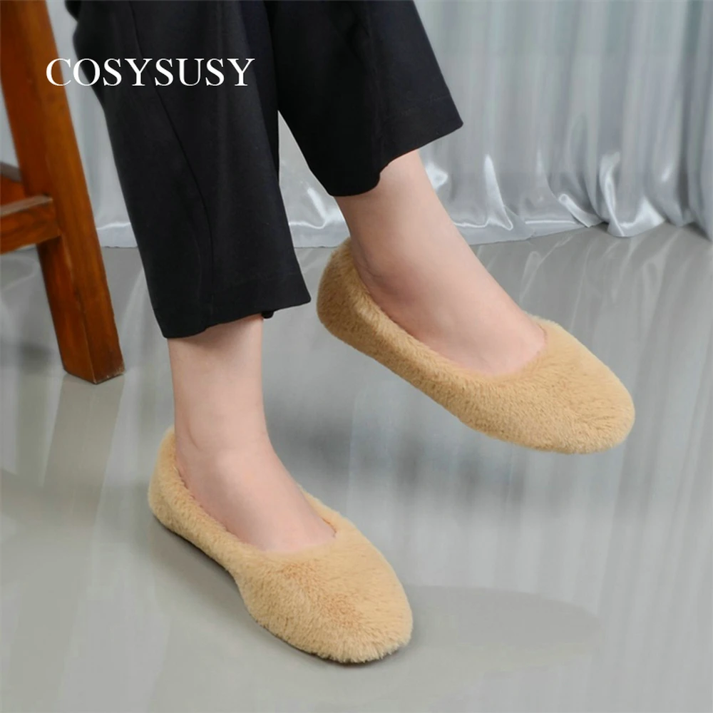 COSYSUSY Women Flats Lamb Wool Warm Shoes Home Fur Cotton Footwear 2024 Winter Warm Loafers Lambwool Moccasins Mujer Zapatos