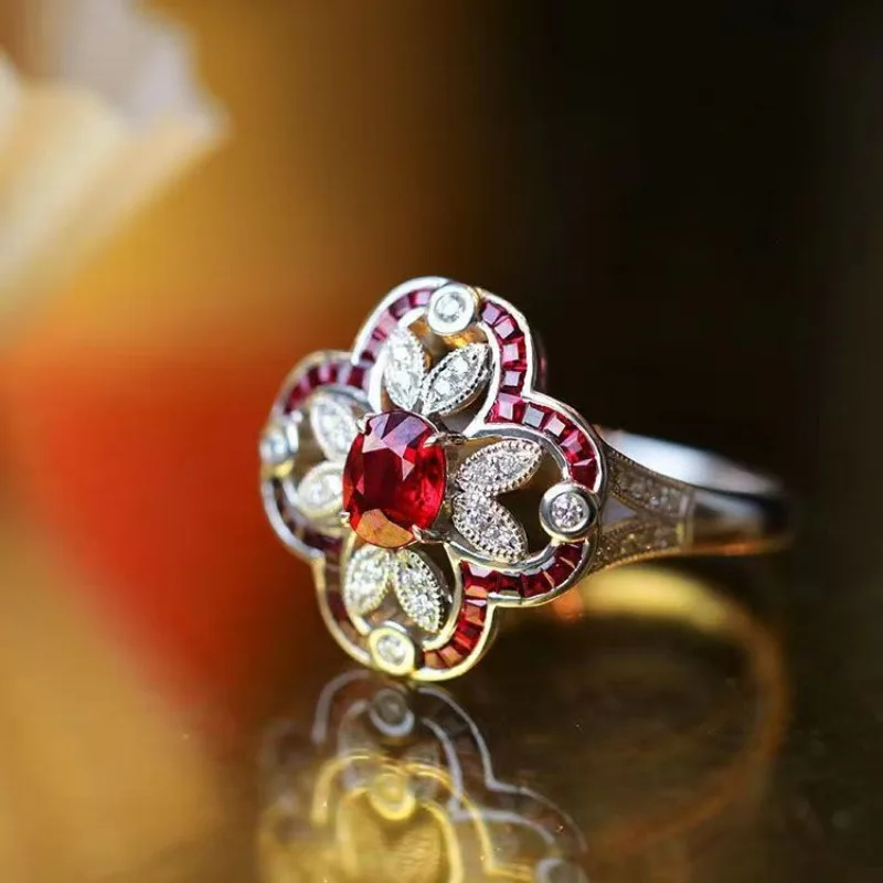 Vintage Hollow Out High Quality Flower 925 Silver Inlaid Ruby Rings for Women Exquisite Charms Banquet Wedding Jewelry