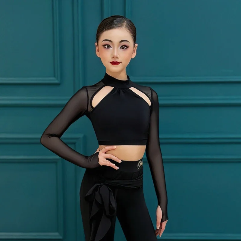 

Одежда для латинских танцев для девочек, черные топы, брюки с длинными рукавами, тренировочная одежда для бальных танцев, национальная стандартная танцевальная одежда