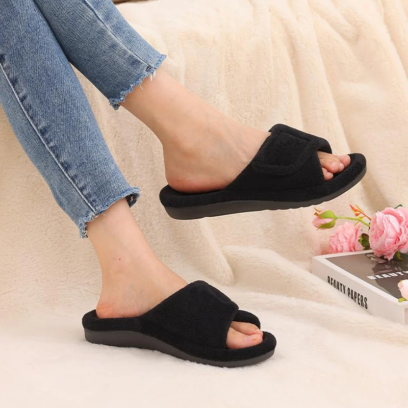 팔레네 겨울용 털 슬리퍼 여성용 정형외과용 아치 서포트 홈 슬라이드 오픈 토 논슬립 슬리퍼 벨크로 조절 가능
