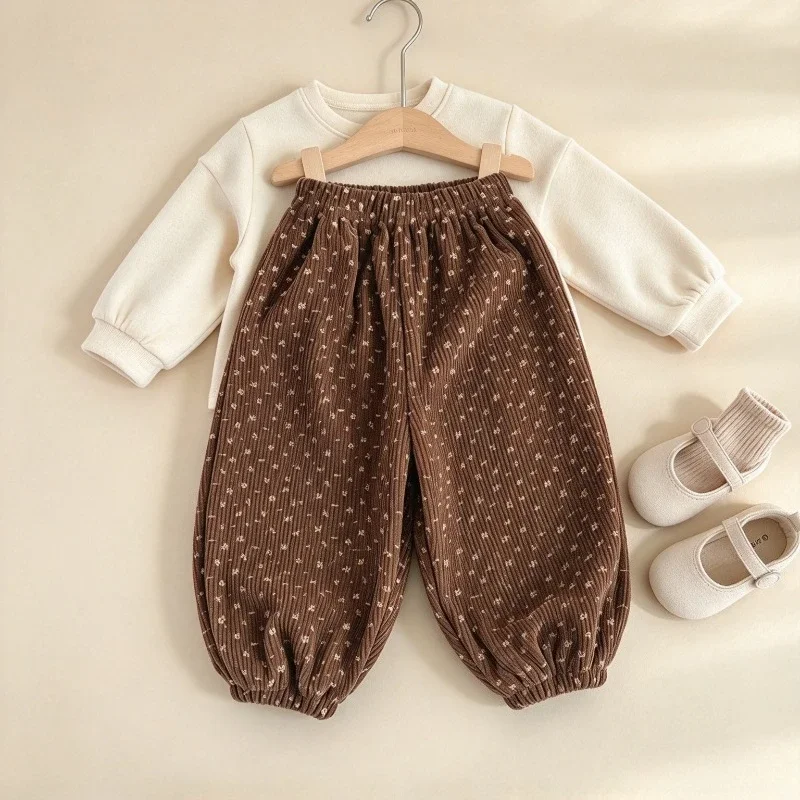 Baby Girls New Pants Kids Coffee Flower Pant Corduroy Trousers Spring Autumn Children Clothing Korean Style Floral Pattern