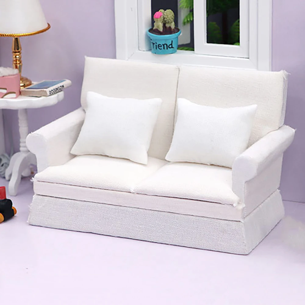 1/12 Poppenhuis Miniatuur Witte Dubbele Bank met Kussen Mini Meubels Model Speelgoed voor Poppenhuis Accessoires Decoratie ob11 bjd