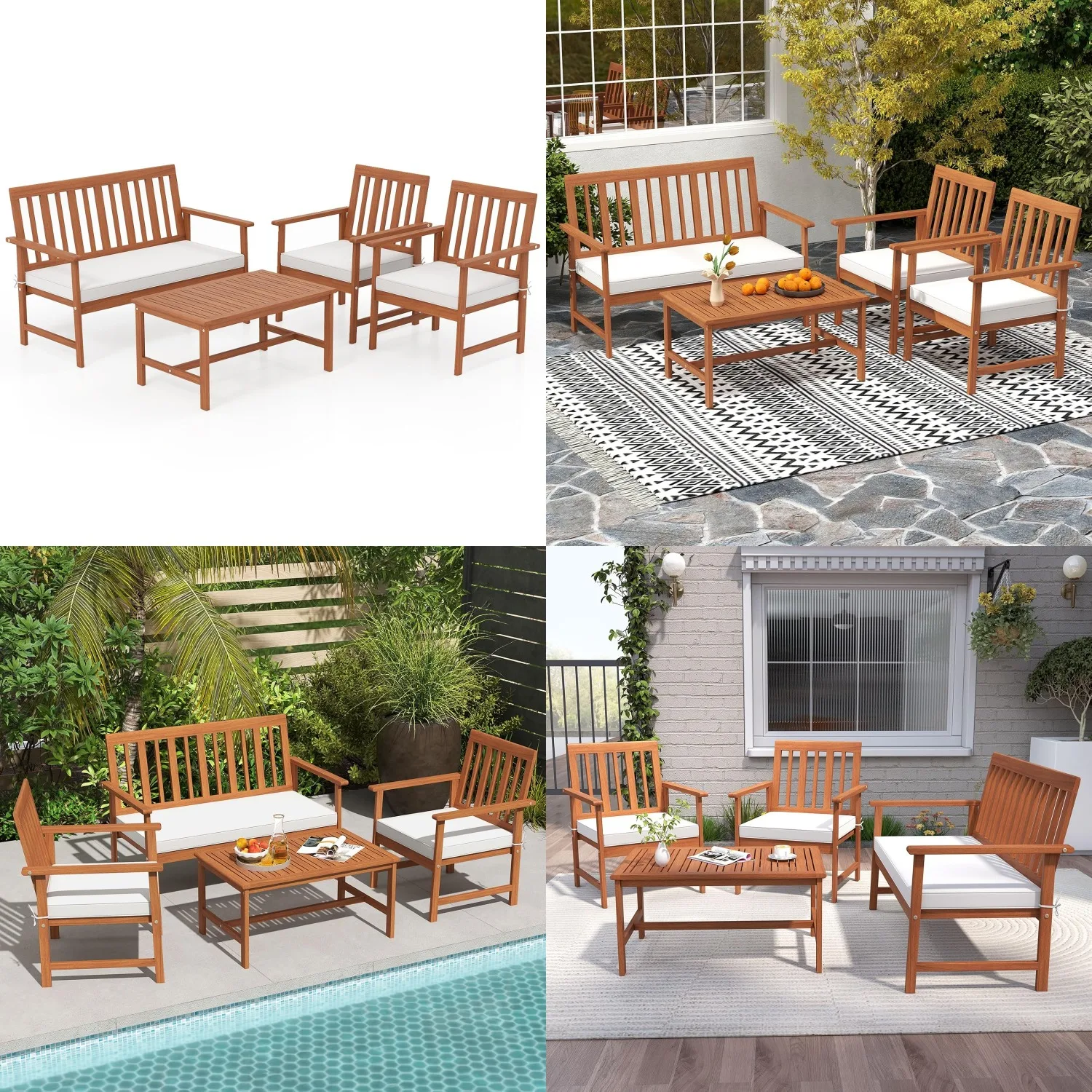 

Комплект садовой мебели из акации (4 предмета) с подушками и каркасом: диван-софа, 2 кресла, кофейный столик. Для двора, зоны у бассейна. Индивидуальный заказ.