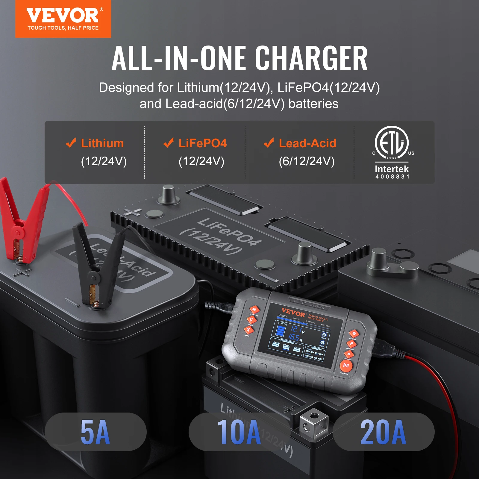 VEVOR Smart Battery Charger 20-Amp Lithium LiFePO4 (AGM/Gel/SLA) LCD Display Trickle Charger for Boat Motorcycle Use