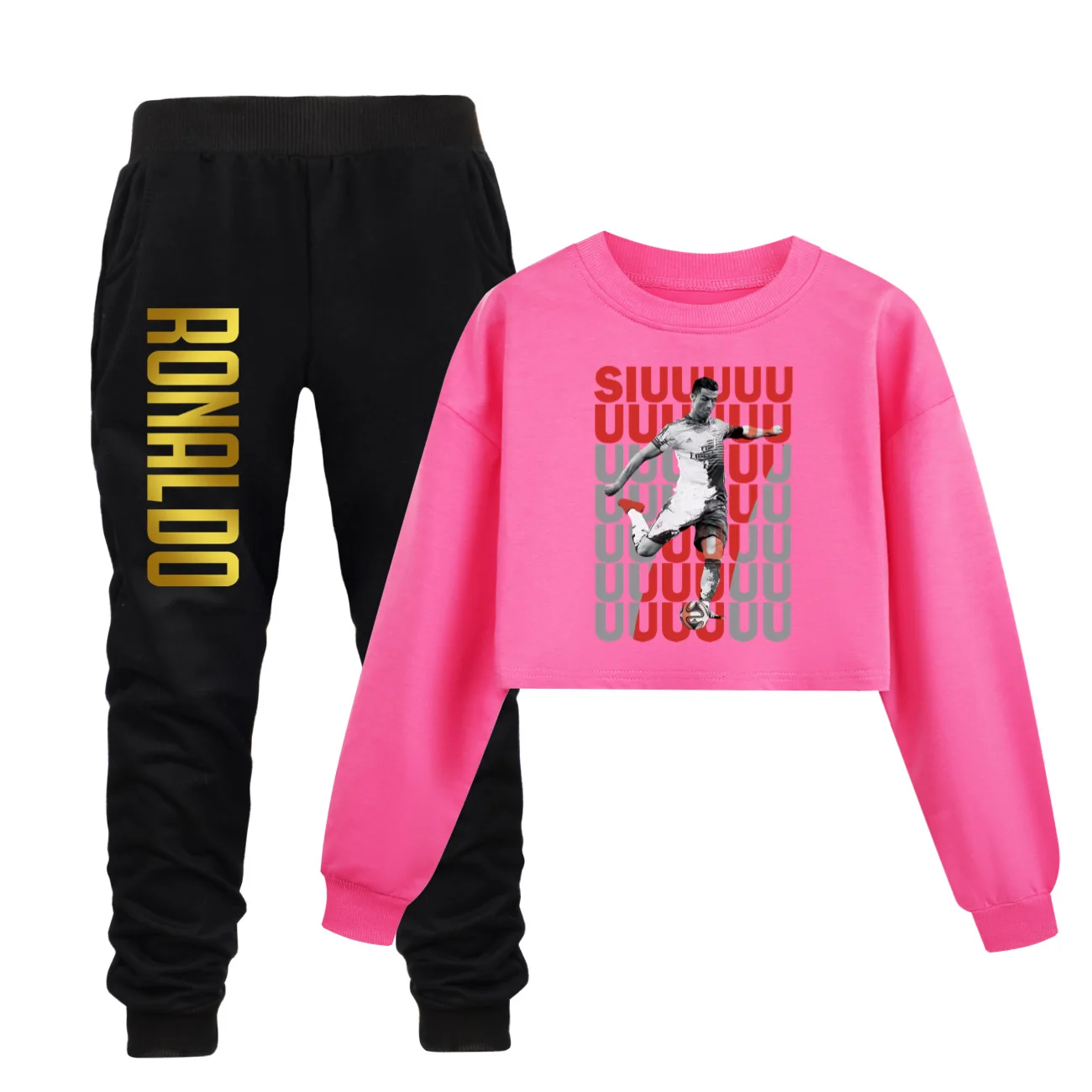 Children's Clothing Half waist loose hoodie Sweatshirt Autumn Girls Pullover Tops+Pants 2Pcs Sets Ronaldo Printed Kids Clothes