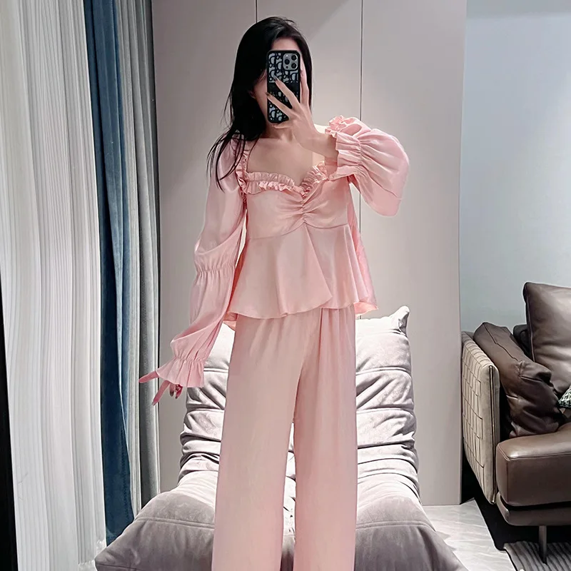 Spring Autumn Pajamas Women\'s 2024 New Long sleeved Pants Thin Home Solid Pijamas Home Nightwear Homewear