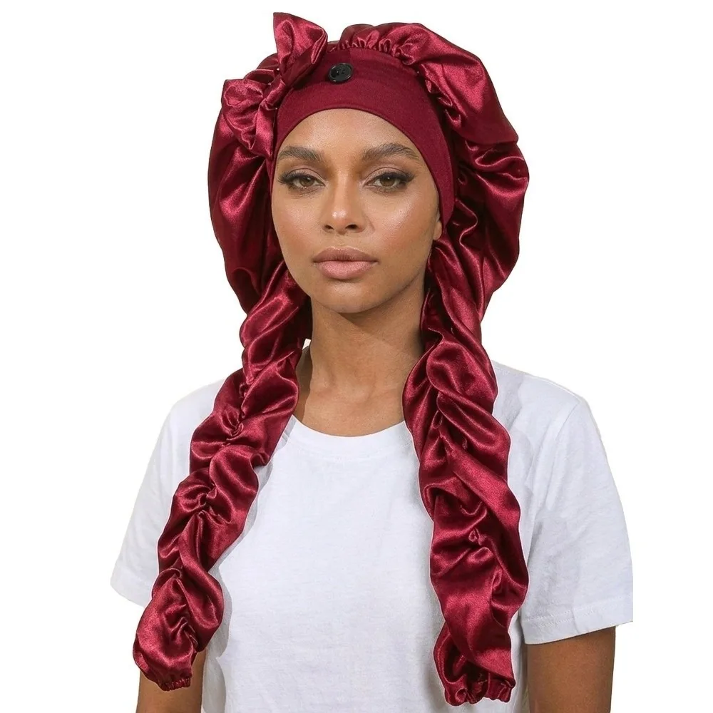Satin Material Sleep Bonnet Long Curling Ribbons Adjustable Fit Heatless Curl Bonnet Soft Fabric Non-Slip Design Curling Bonnet