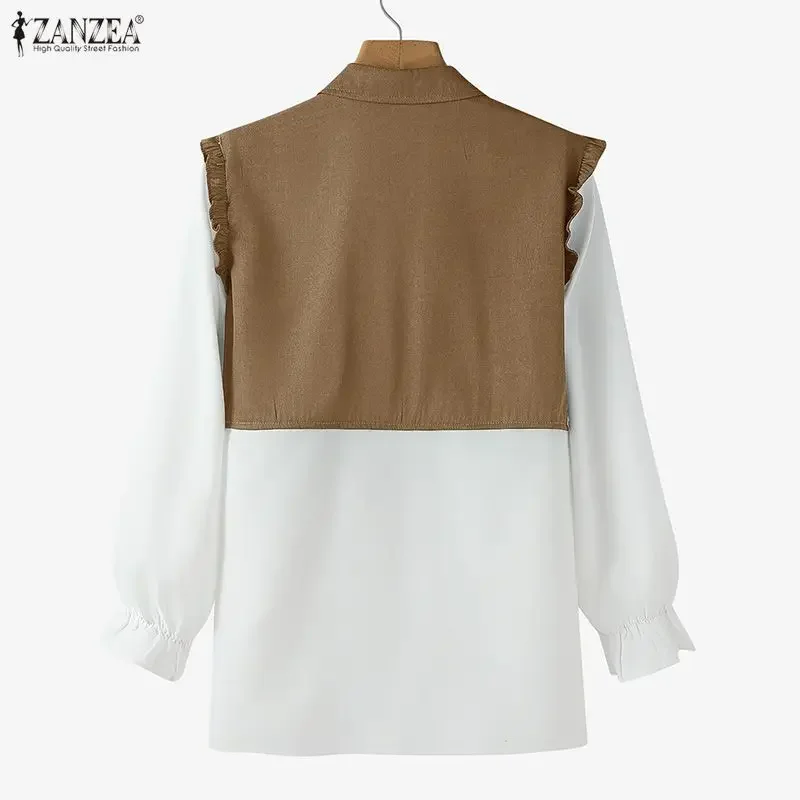 ZANZEA قمصان نسائية عصرية بلوزة أنيقة للمكتب للسيدات للخريف 3/4 كم مرقعة ملابس خروج فضفاضة غير رسمية بلوزات للسيدات