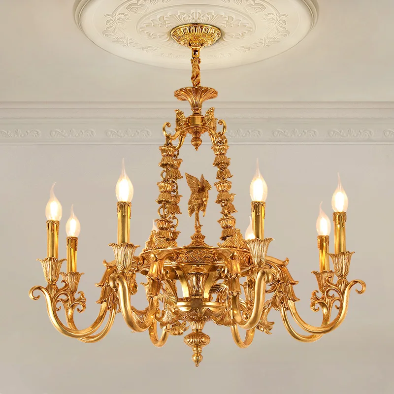 

French Rococo Retro Brass Candle Pendant Lamp European Style Vintage Living Room Bedroom Copper Chandelier