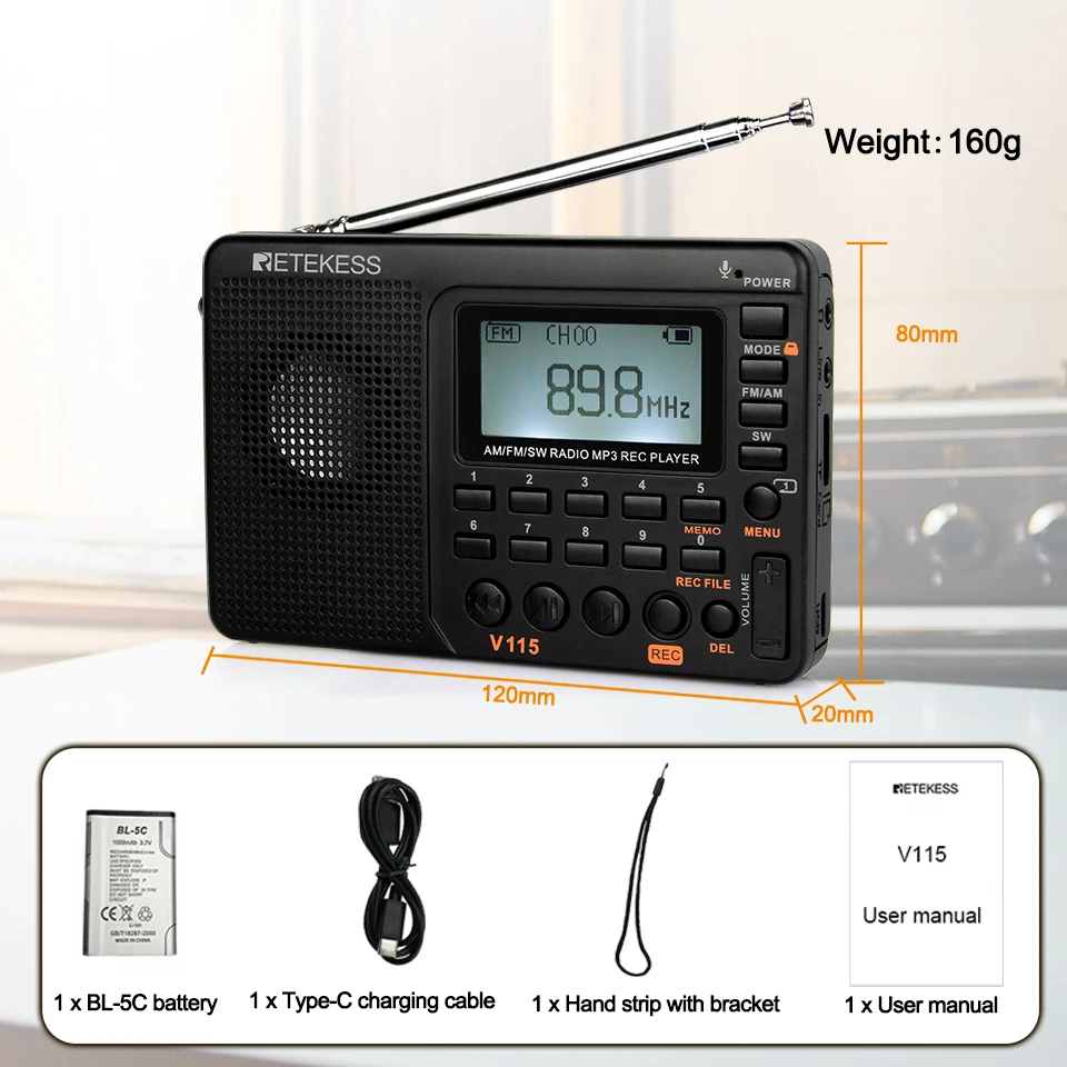 RETEKESS V115 Radio FM AM SW Portable Radios AM FM Rechargeable Shortwave Radio Battery Powered Full Waves USB Recorder Speaker