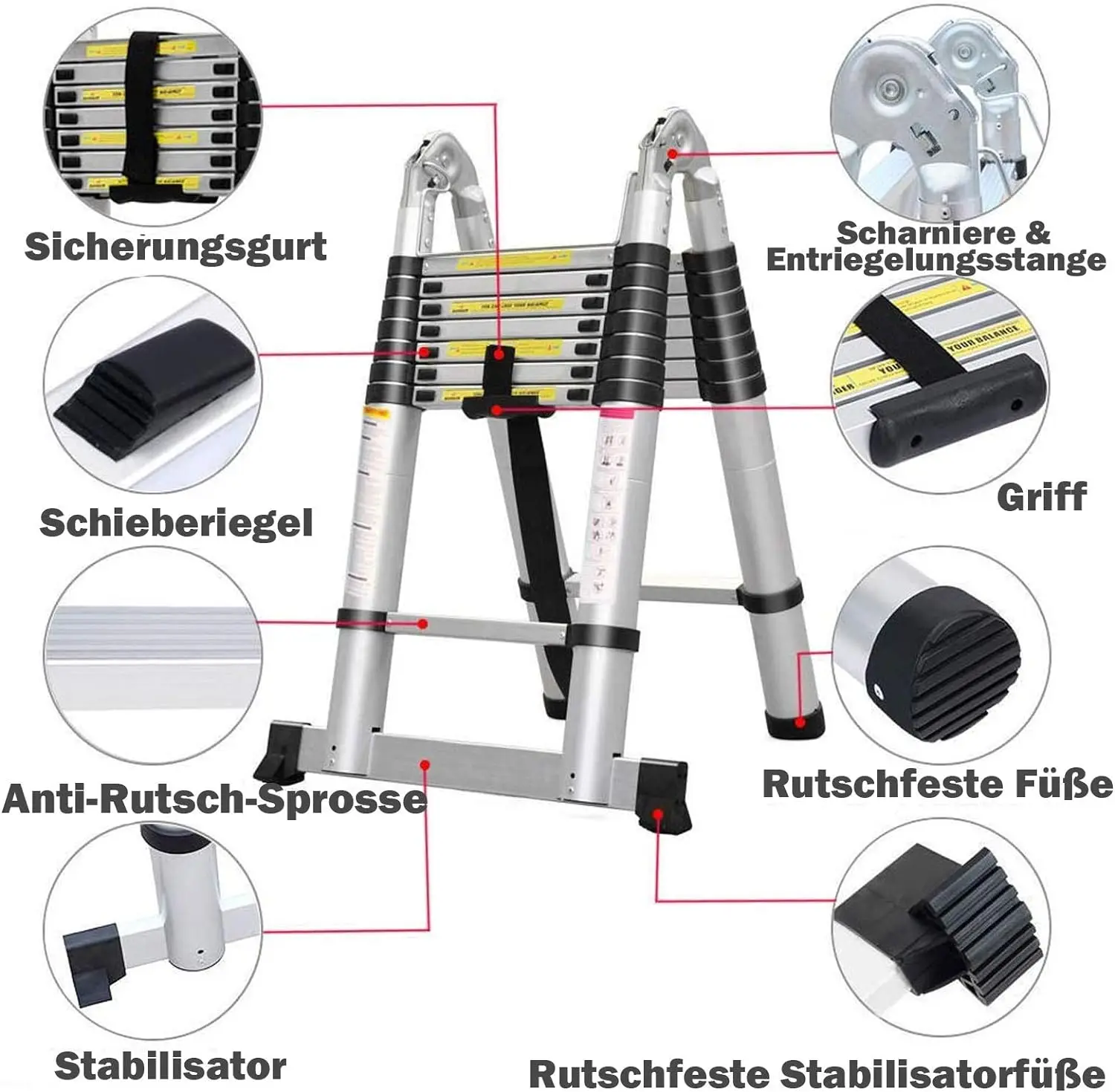 16.5FT(8.2ft + 8.2ft)/5M scala telescopica multiuso in alluminio, scala pieghevole estensibile, gradini antiscivolo, capacità di carico di 150 kg