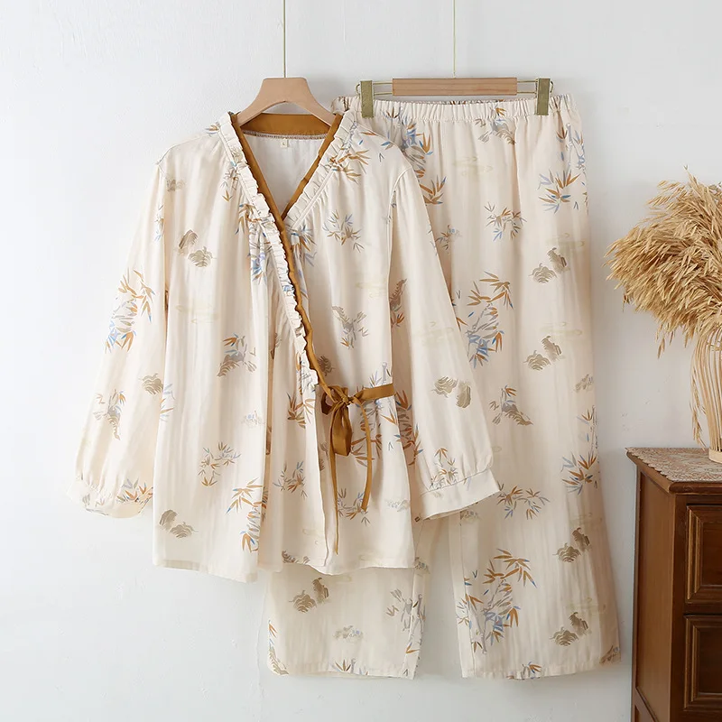 

Women Print Cotton Pajamas Loose Bathrobes V-Neck Kimono Pants Pijama Three Quarter Sleepwear Loungewear