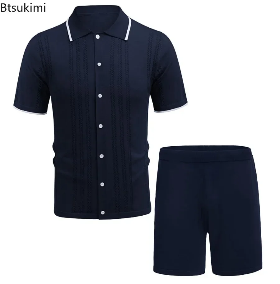 2025 New Men's Business Casual Two Piece Set Summer Cool Ice Silk Knitted Jacquard Polo Shirt Shorts Sets Men Golf Sport Outfits