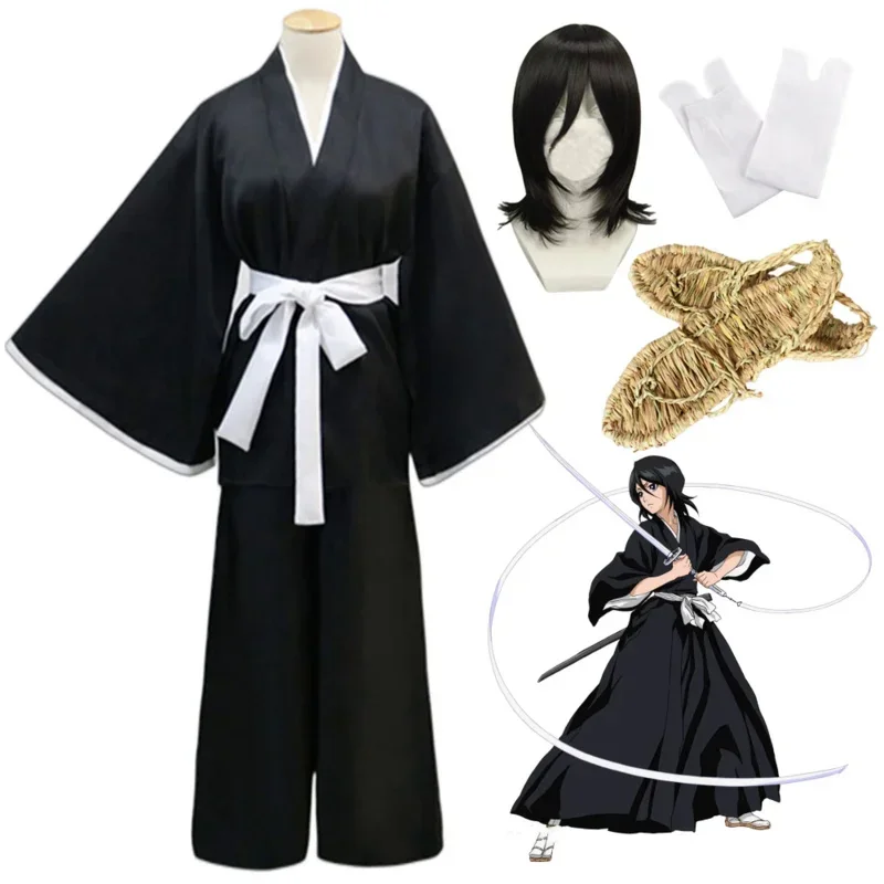 Bleekmiddel Cosplay Kuchiki Rukia Pruiken En Kimono Uniform Halloween Kostuum Voor Vrouw Die Pa Anime Kleding Deguisement Kostuum Man