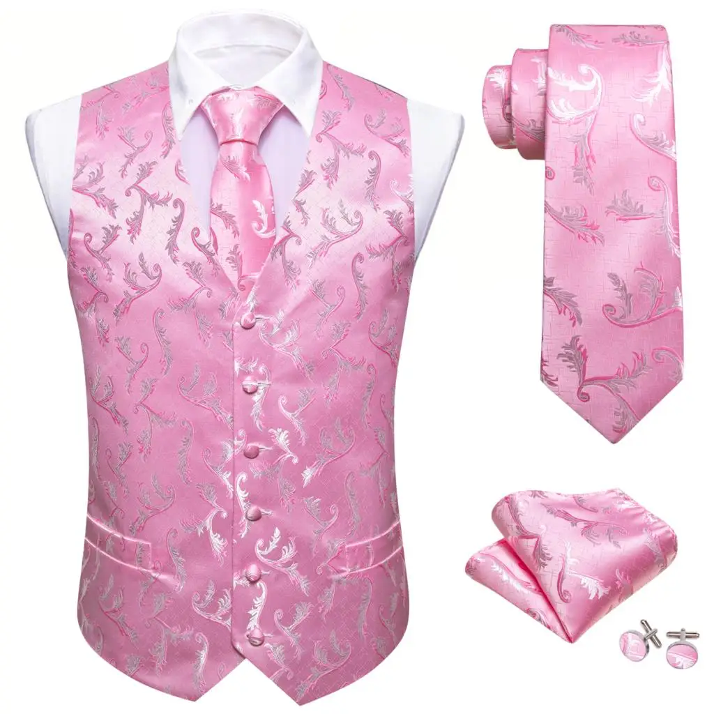 Elegant Pink Dress Vest for Men Silk Formal Suit V Neck Waistcoat Tie Hanky Cuff Set Party Business Real Pocket Barry Wang