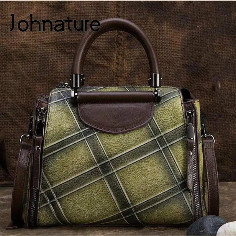 

Johnature 2024 New Vintage Genuine Leather Women Bag Handmade Embossing Plaid Handbag Nature Cowhide Shoulder & Crossbody Bags