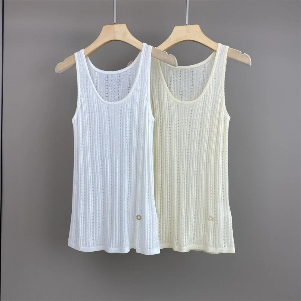 Summer Women\'s U-Neck Knit Vest Wool Silk Hollow Jacquard Sleeveless Tank Tops Female Casual Clothing L*P New