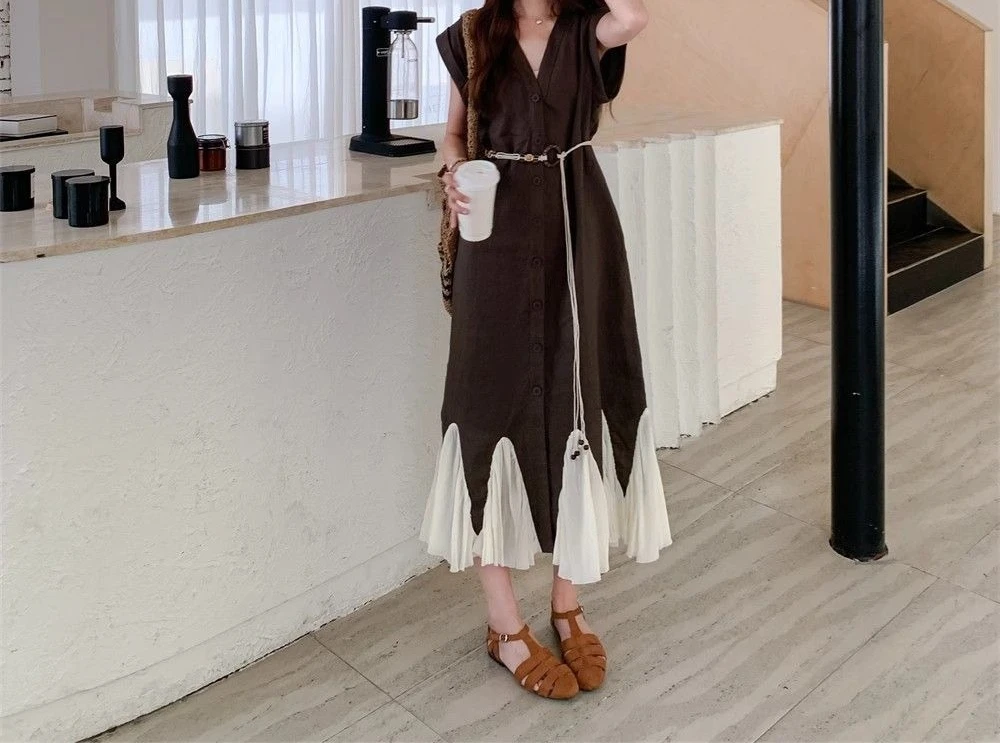 

Retro V-neck Dress for Women in Summer Plus Size Lazy and Luxurious Spliced Fish Tail Long Skirt