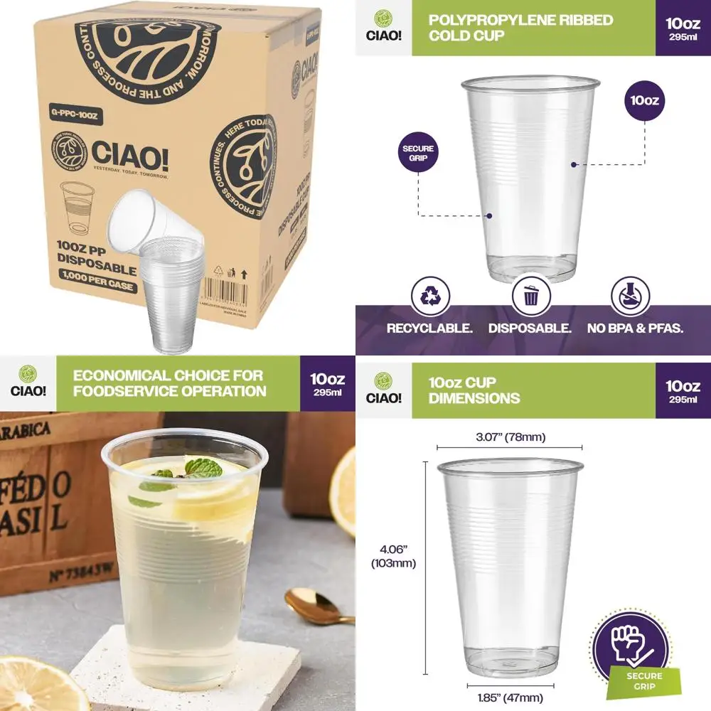 

Ribbed Disposable Polypropylene Cups - 10 Oz, Pack of 1000 for Party and Catering Use