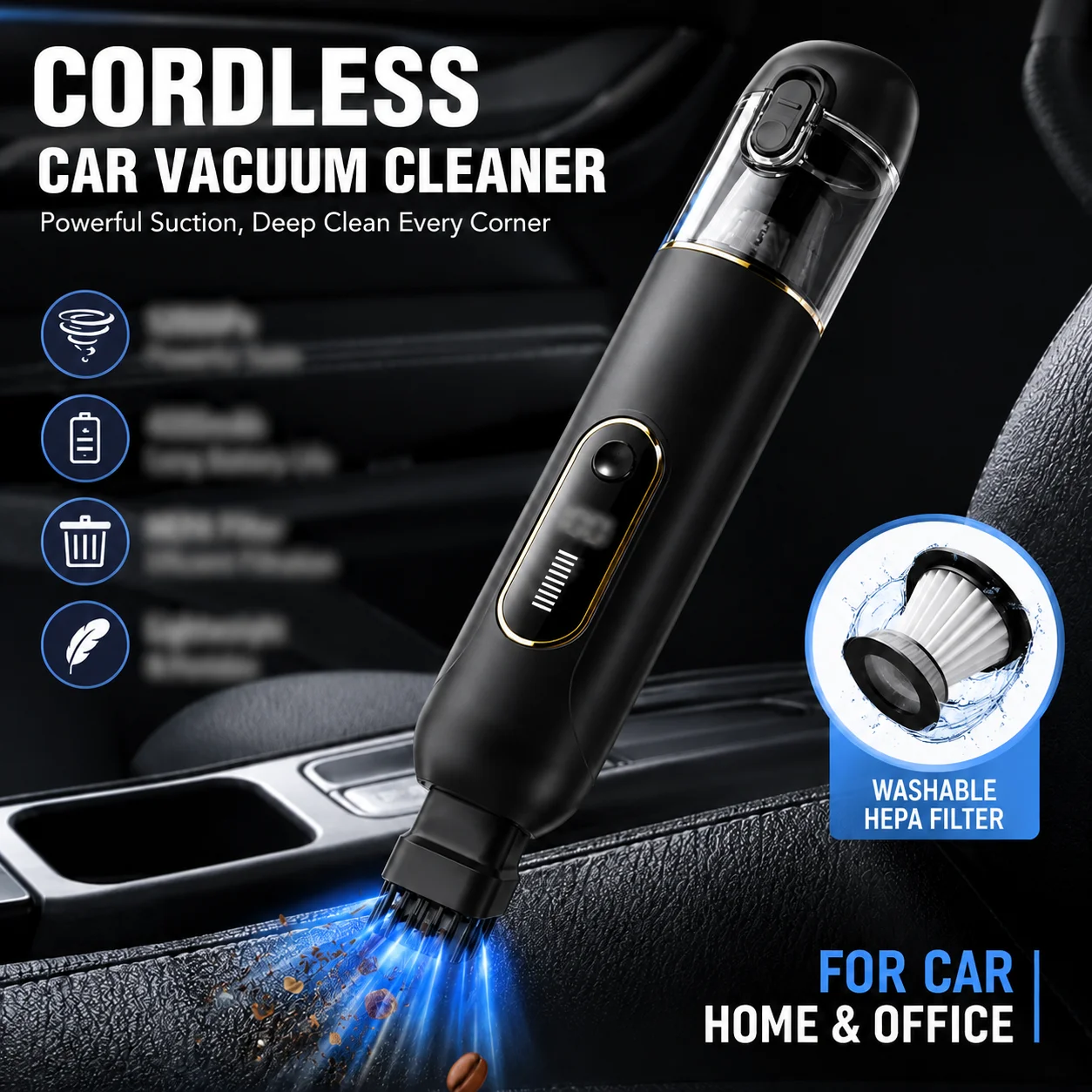 

Cordless 4-in-1 Vacuum Cleaner 13000Pa LCD Display, One-Touch Empty, Powerful Suction for Car, Home & Office with Blow Function
