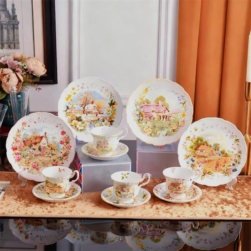 

England Royal Four Seasons Spring/Summer Autumn/Winter Bone china 8in Dinner Plate Bamboo Hat-shaped Bowl Coffee Cup and Saucer