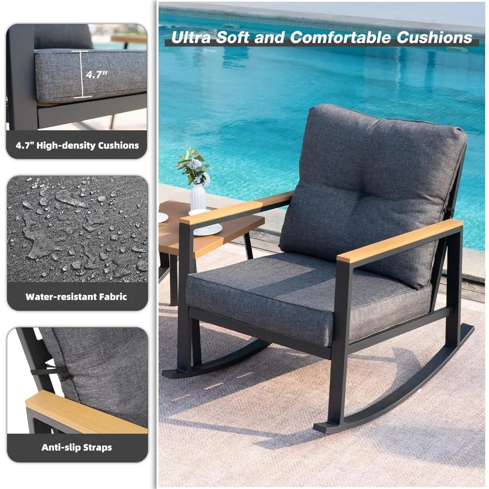 طقم بيسترو هزاز مكون من 3 قطع، طقم أثاث للفناء الخارجي مع وسائد سميكة وطاولة قهوة، مجموعات محادثة للفناء للحديقة