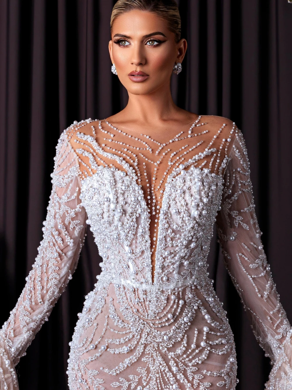 Exquisite Illusion Beaded Pearls  Wedding Dress Dreamy Flare Sleeve Bridal Gown Customized Shiny Mermaid Long Dresses For Bride