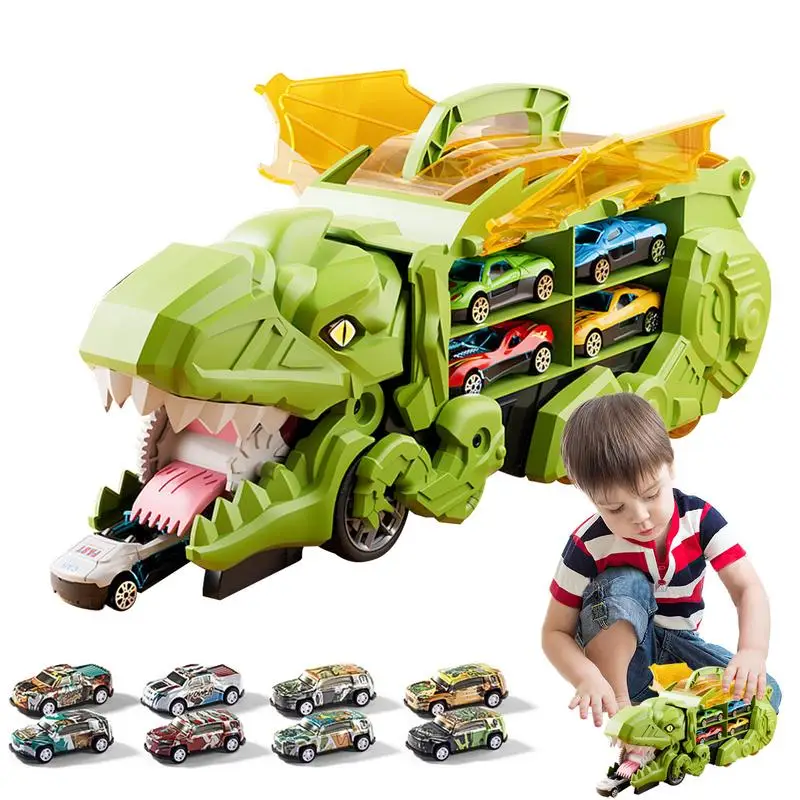 Dinosaur Truck Toys For Kids Transformation Car Carrier Truck Toddler Cars Tyrannosaurus Car Track Toy Dinosaurs Playset With 8