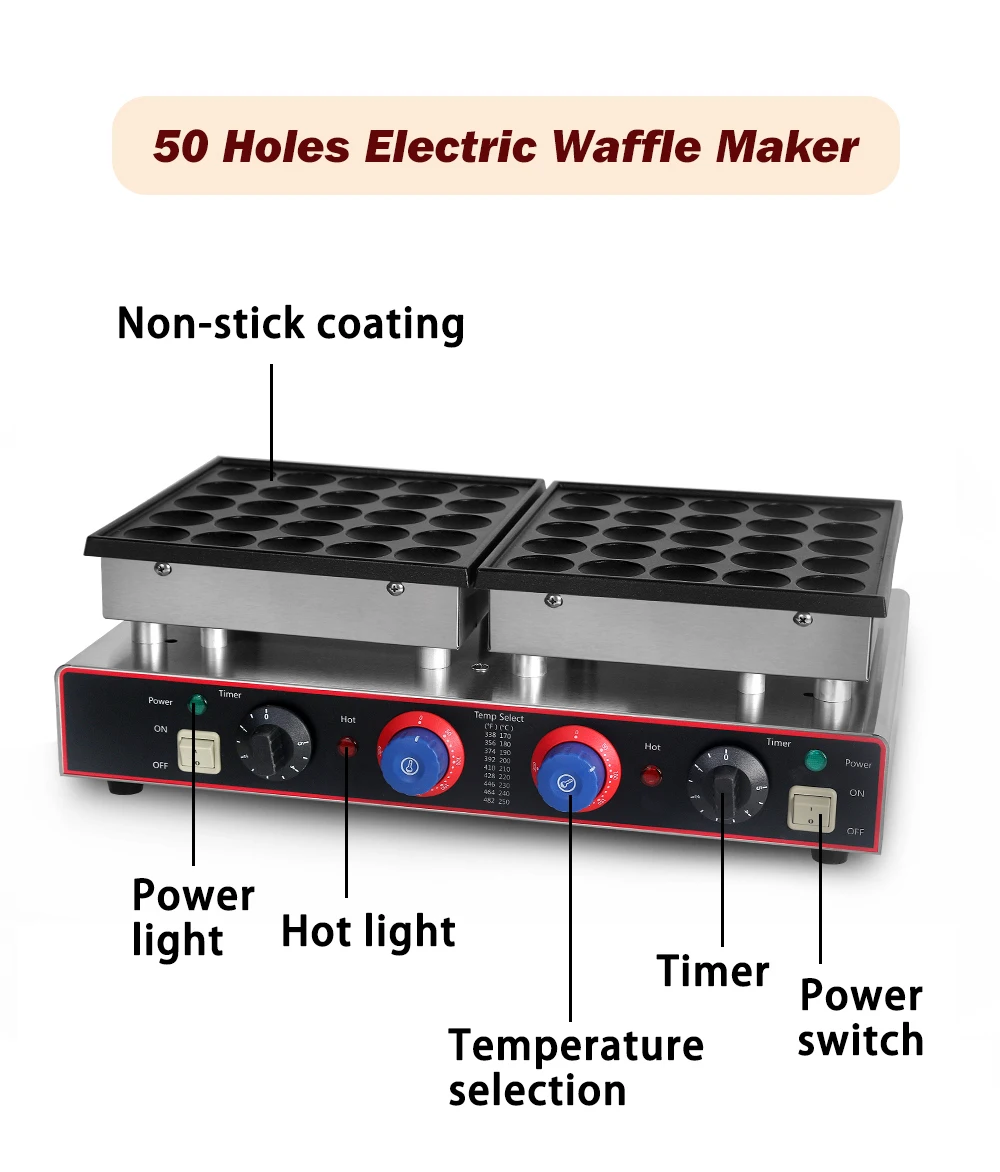 GZZT 50-Hole Muffins Maker Stainless Steel Waffle Maker1600W, 50-300°C  0-5min Timer Non-Stick Street Food Machine Snack Machine