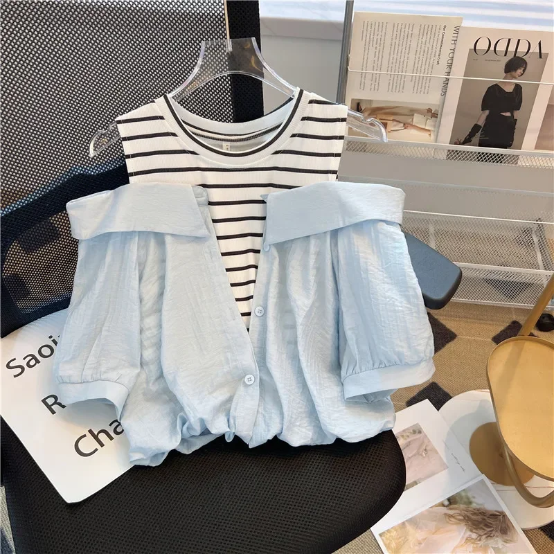 

Fake Two Pieces Short Sleeve Shirts for Women Summer 2025 New off Shoulder Mixed Color Stripe Tops Femininas Elegantes