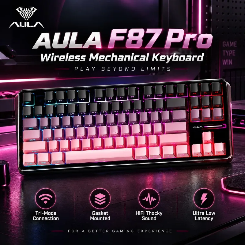 AULA F87Pro Wireless Mechanical Keyboard 87 Key TKL RGB PBT Gasket Tri Mode 2.4G Bluetooth USB Hot Swappable for Desktop Gamer