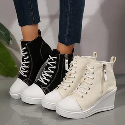 Women Sneakers Platform Comfortable Breathable Sneakers Women Spring Autumn Wedge Heel Increased Canvas Side Zipper Shoes Women