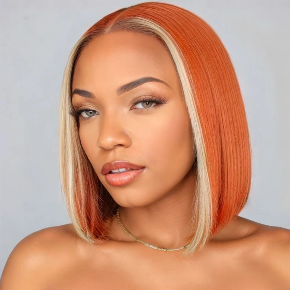 Lekker-Perruque Bob Lace Front Wig Remy Brésilienne 100% Naturelle, Cheveux Courts Lisses, à Reflets, Orange, 13x1, 613 de Densité, pour Femme