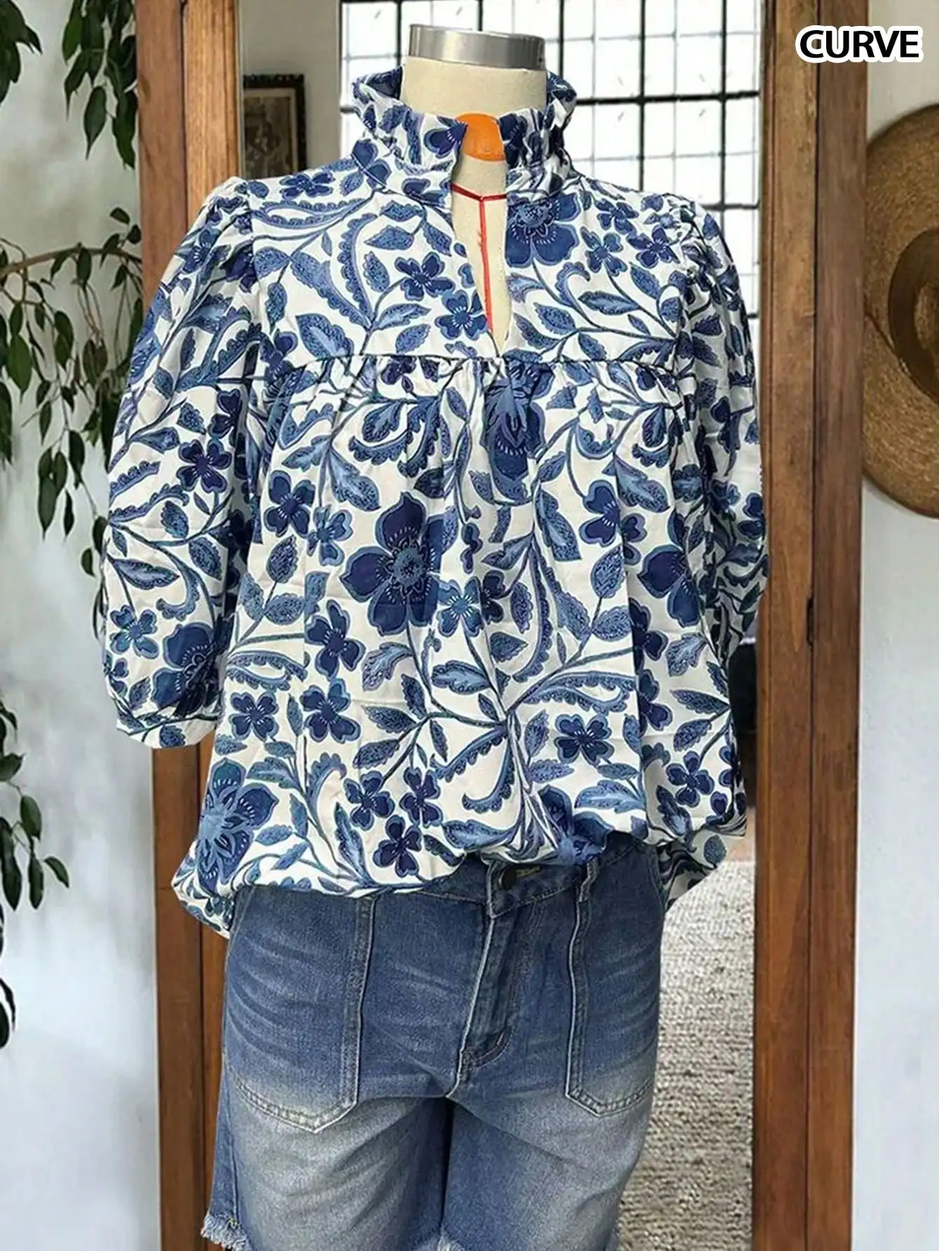 

Women's Bohemian Floral Print Ruffle Hem Blouse V-Neck Puff Sleeve Casual Spring Summer