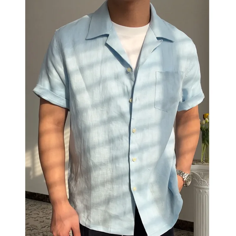 Summer Linen Cuban Collar Short-sleeved Shirt Beach Holiday Breathable Solid Color Shirt Retro Loose Top Ropa Hombre Casual