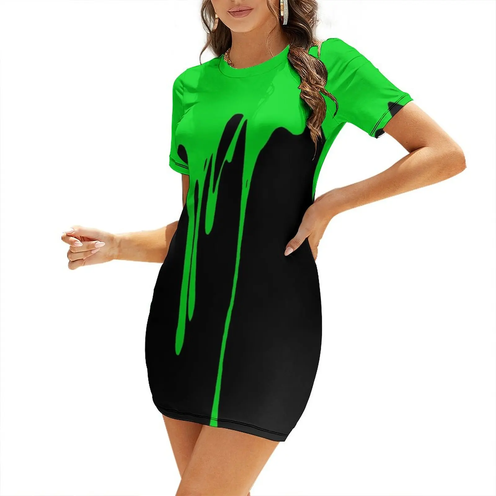 Green Dripping Paint Short Sleeved Dress Woman clothes dress party night Bride dresses