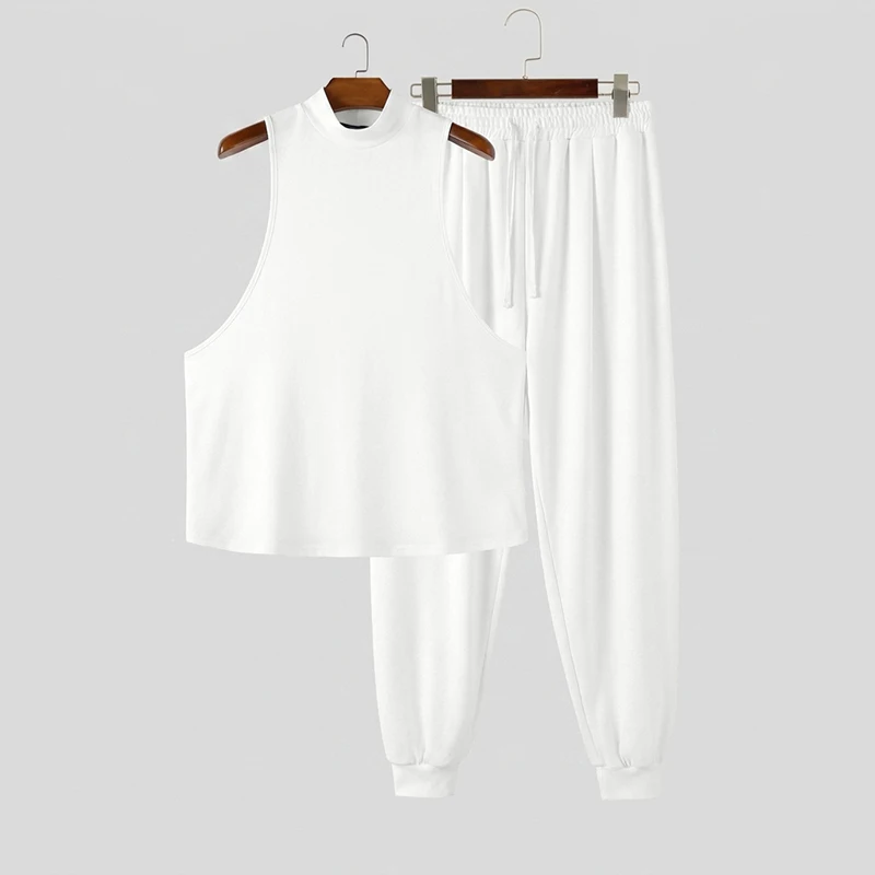 INCERUN Men Sets Solid Color Turtleneck Sleeveless Tank Tops Pants Two Piece Sets Streetwear Casual Men Matching Sets Tracksuits