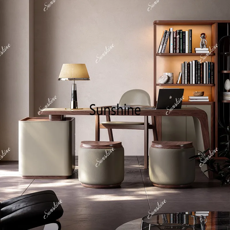 

Retro style saddle leather desk light luxury modern high-end sense, Italian solid wood