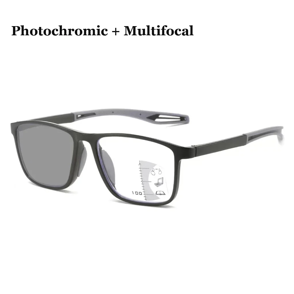 Neue trendige TR90 photochrome multifokale Lesebrille 3-in-1 Outdoor Bifokale Sonnenbrille Sport Anti Blue Near Far Brille