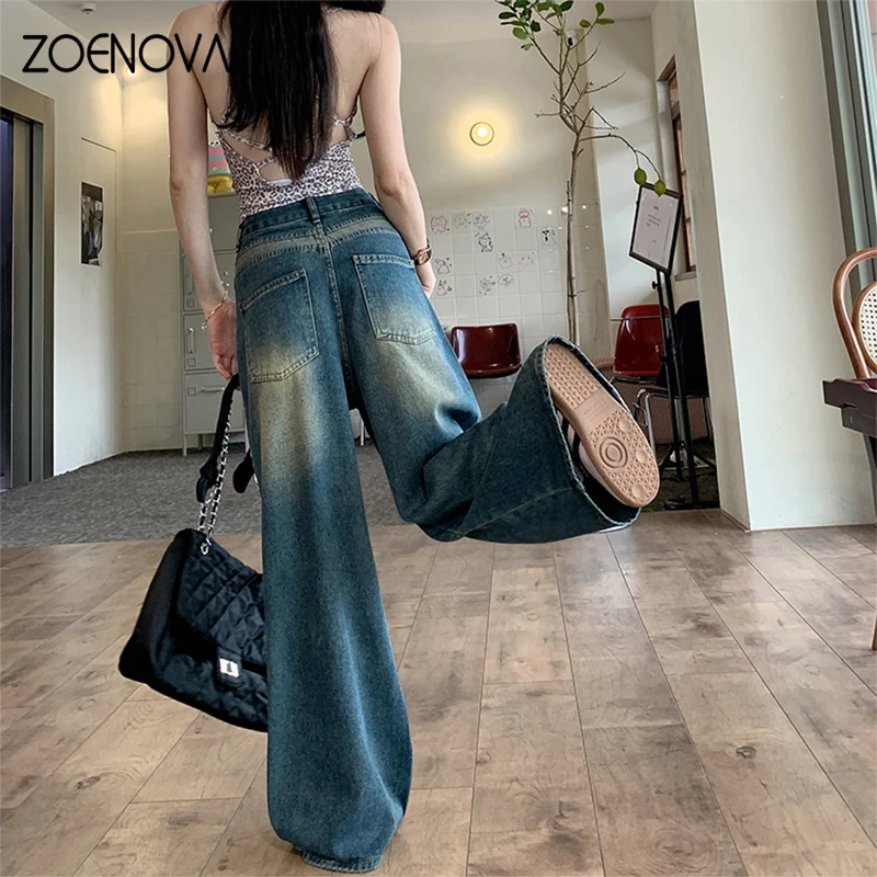 ZOENOVA Fashion Women's Jeans Summer Casual Straight Loose High Waist Retro Nostalgia Contrast Y2K Floor Mopping Wide Leg Pants