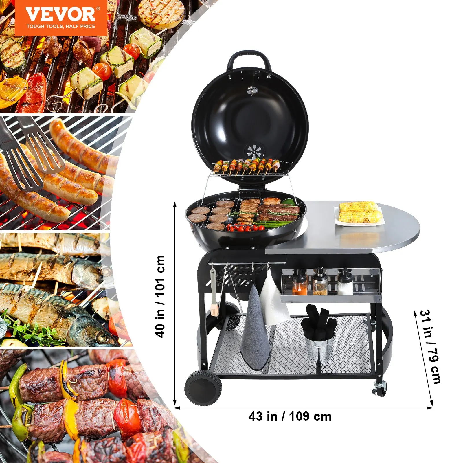 

VEVOR 21in Kettle Charcoal Grill with Cart & Adjustable Vents - Portable BBQ with Built-in Thermometer, Prep Table & Lid Holder