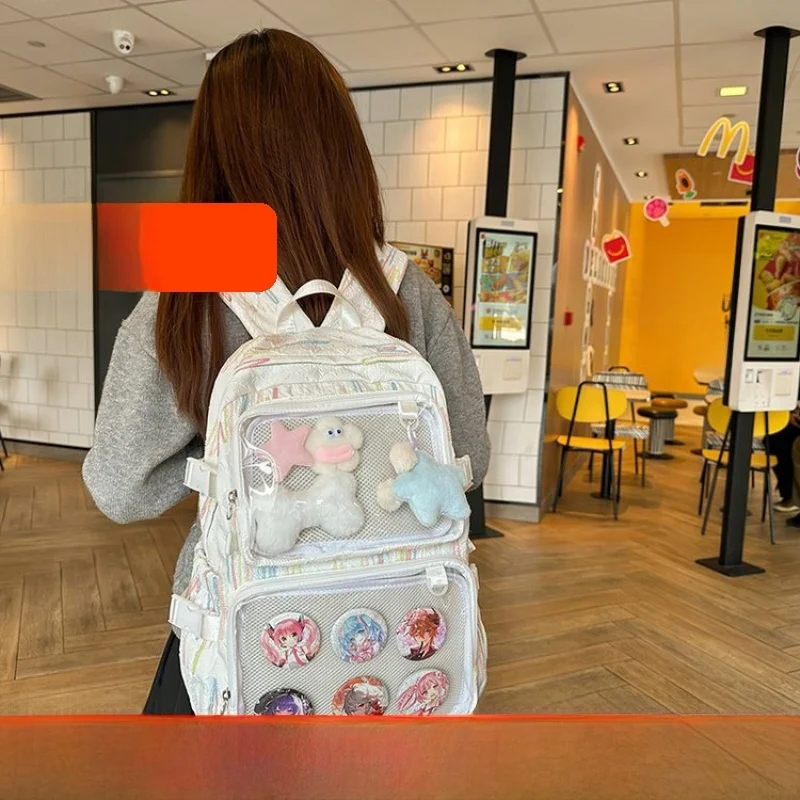 Fashionable Transparent Double Shoulder Bag for Students Girls Barbecue Backpack Bucket Shape Large Size Soft Oxford Fabric Bag