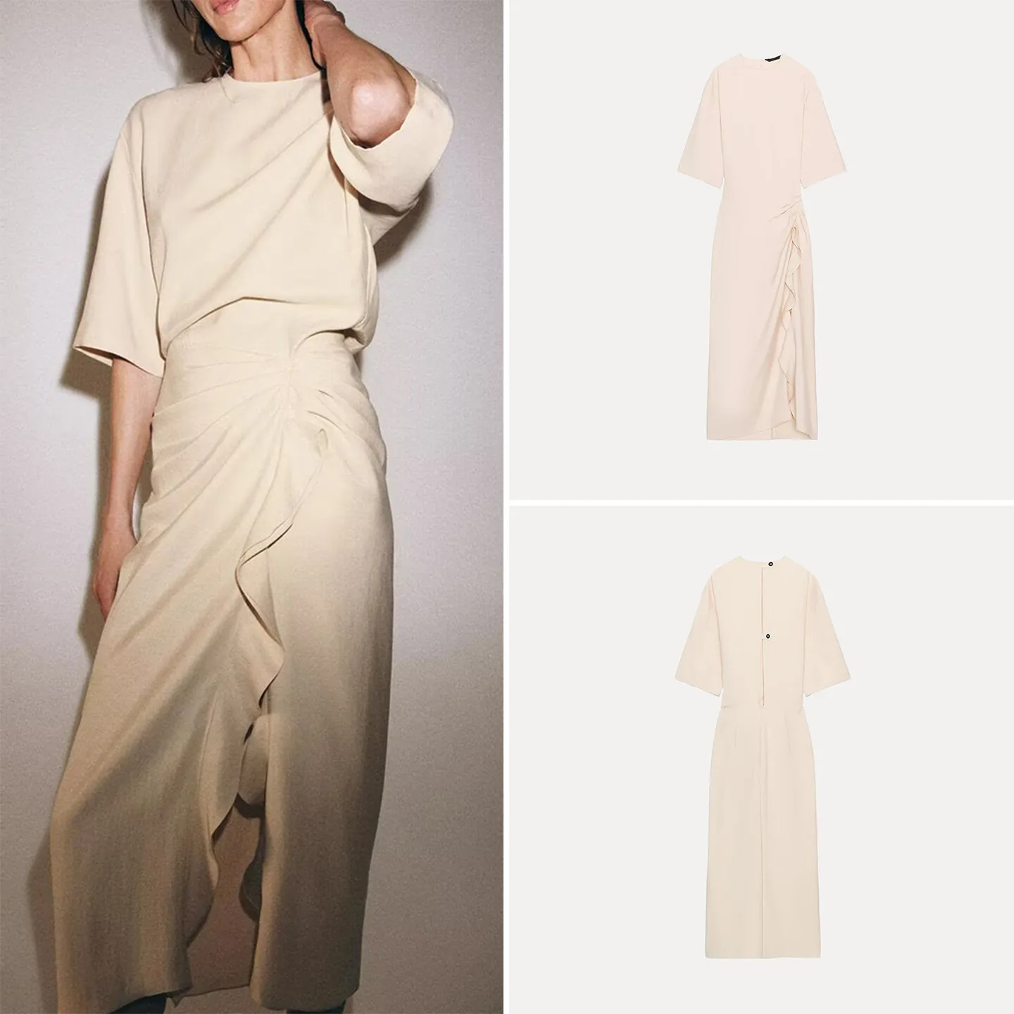 Elegant Midi Dress Women's Spring 2026 New Style Pleated Fashionable Dress ZADATA Brand Regular Sleeve round Neckline H Version