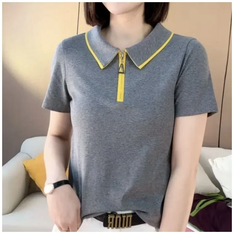 انخفاض الشحن 2025 صيف جديد اللون منعت انغلق تي شيرت بولو أمي ارتداء التخسيس المرأة قاعدة طبقة قميص #3