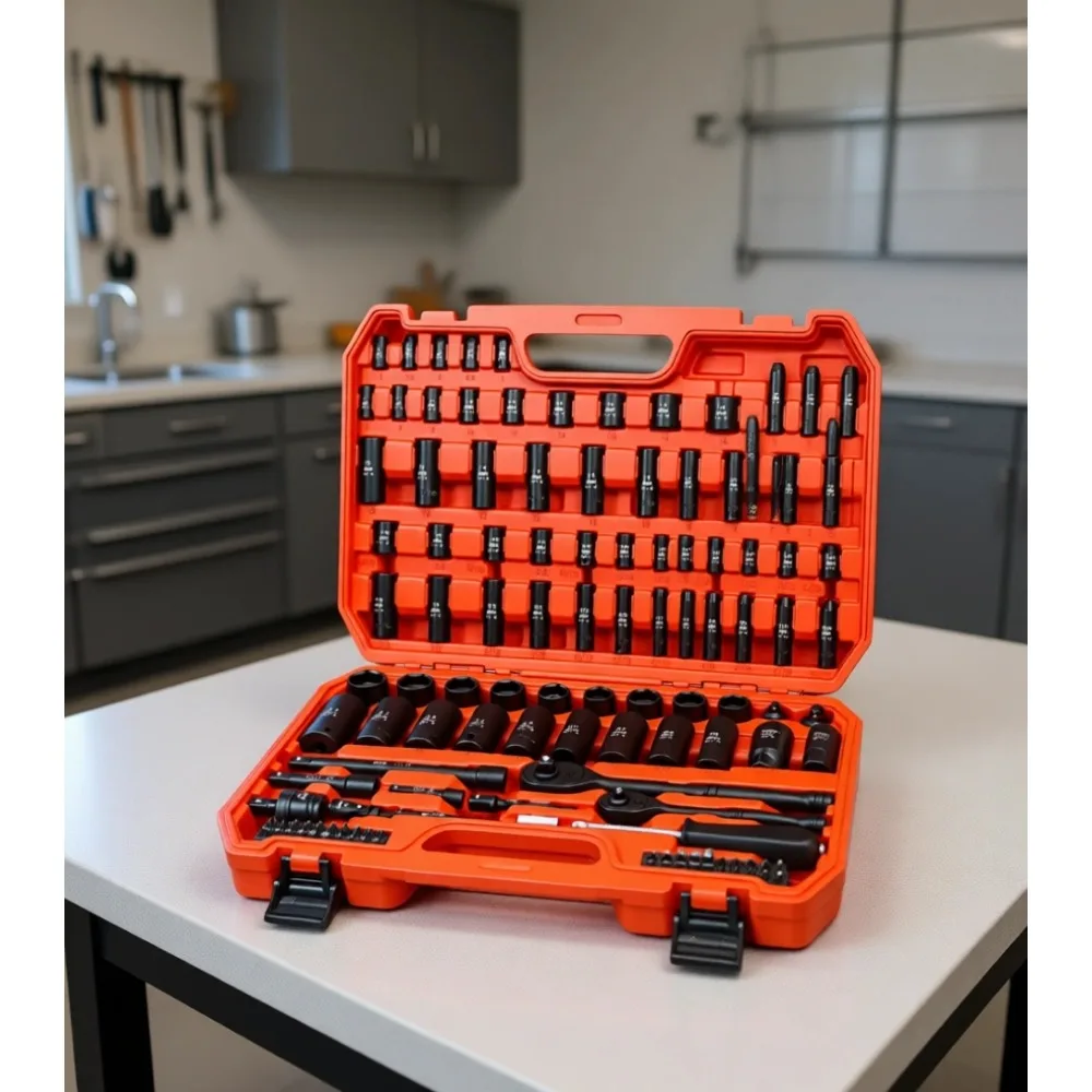 

123pc Impact Socket Set 1/4+3/8 Dr Deep/Shallow 6pt SAE/MM 5/32-3/4 4-22mm Spark Plug 72T Ratchet Screwdrivers Auto Home